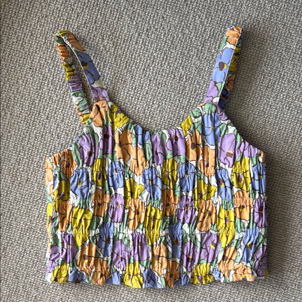 Zara Yellow and Blue Smocked Crop Tank Top